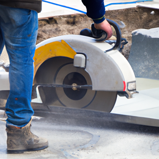 מפעיל מסור בטון מקצועי בפעולה, משתמש בציוד כבד לביצוע חיתוכים מדויקים בלוח בטון.